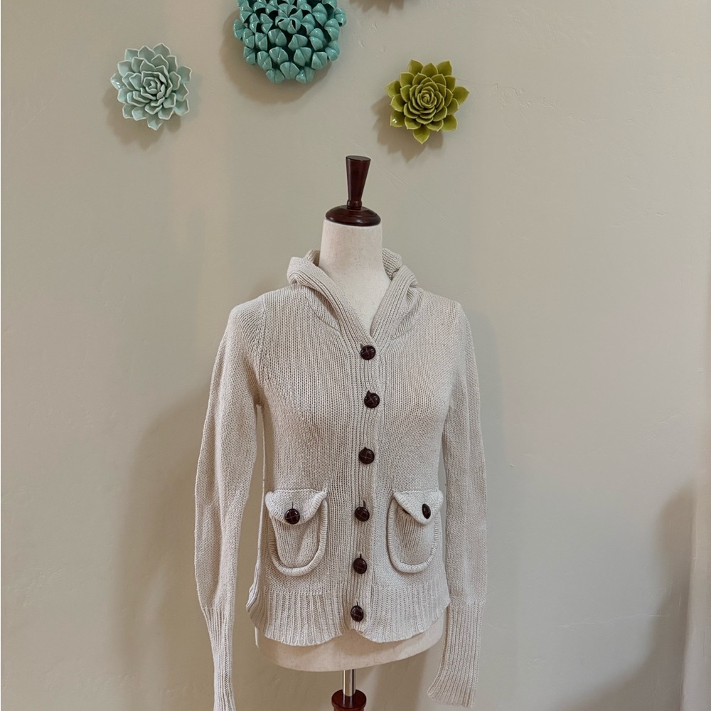 Vintage 90s y2k Fossil Cream Hooded Button-Up Knit Cardigan